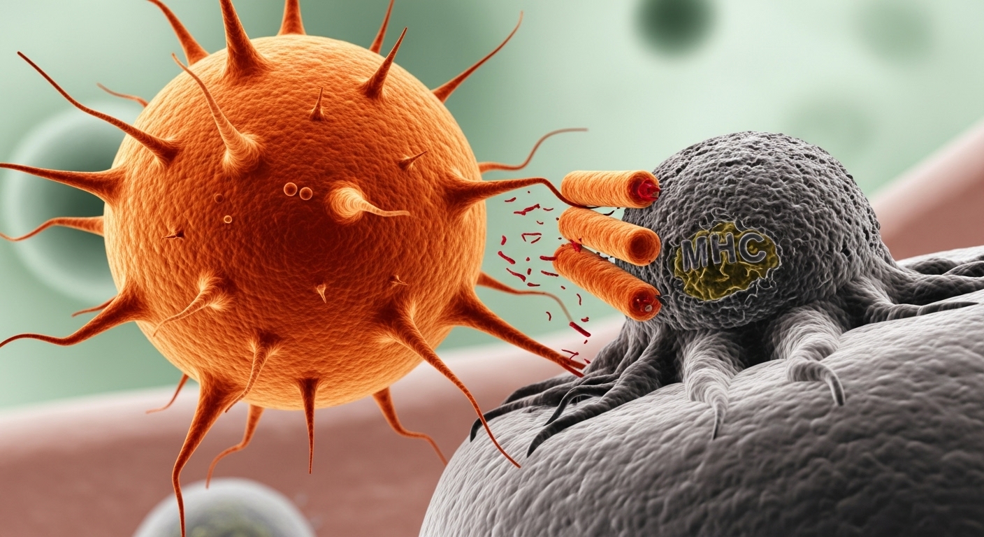 NK세포가 MHC 복합체를 회피하려는 암세포를 발견하고 공격하는 모습