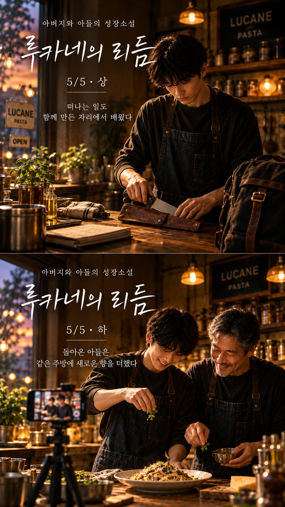 Vertical two-panel cover image for Lucane&rsquo;s Rhythm 5/5 &middot; Part 2, the final chapter of a father-and-son coming-of-age novel. The upper panel shows Ian alone in the warmly lit Lucane pasta shop, packing an old chef&rsquo;s knife into a worn leather sheath beside his travel bag before leaving. The lower panel shows Ian after returning, cooking side by side with his father in the same kitchen while a smartphone on a tripod records them as they finish a pasta dish together. Korean text emphasizes leaving, returning, and adding a new flavor to the place they created together.