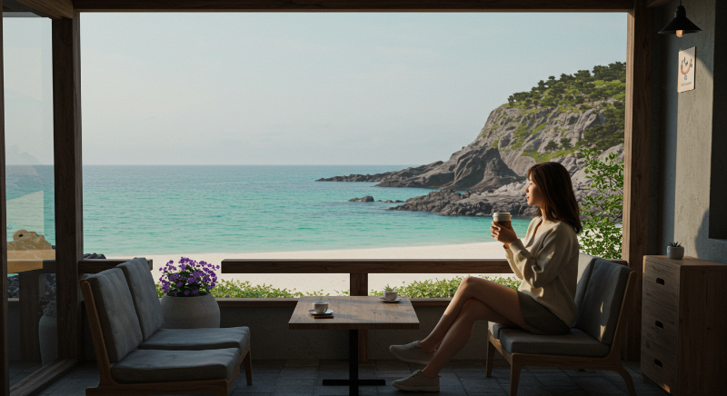 제주 숨은 바닷가 옆 바다뷰 카페에서 커피 마시는 한국 여성