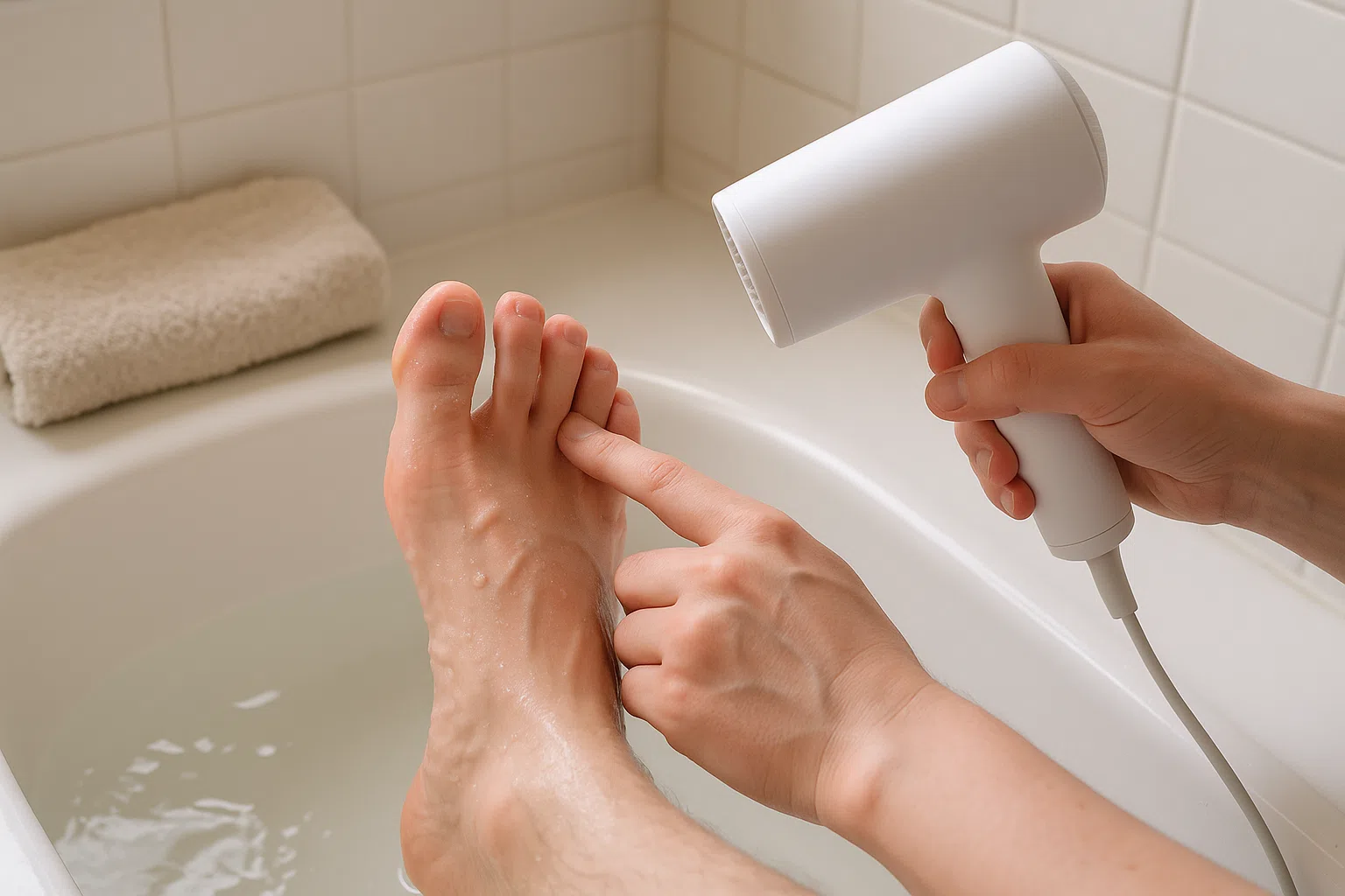 집에서 젖은 발을 미지근한 물로 씻은 뒤 드라이기로 발가락 사이를 말리는 모습