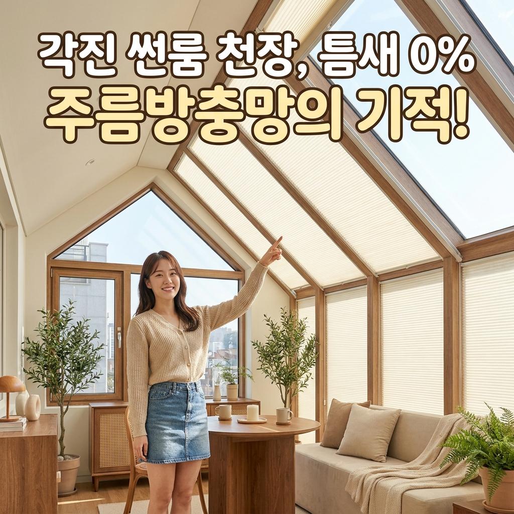 용인 썬룸 주름방충망 시공, 김대호 홈카페처럼 각진 천장도 틈새 없이! 비대칭 박공지붕 특수 프레임 설치로 벌레 완전 차단하기