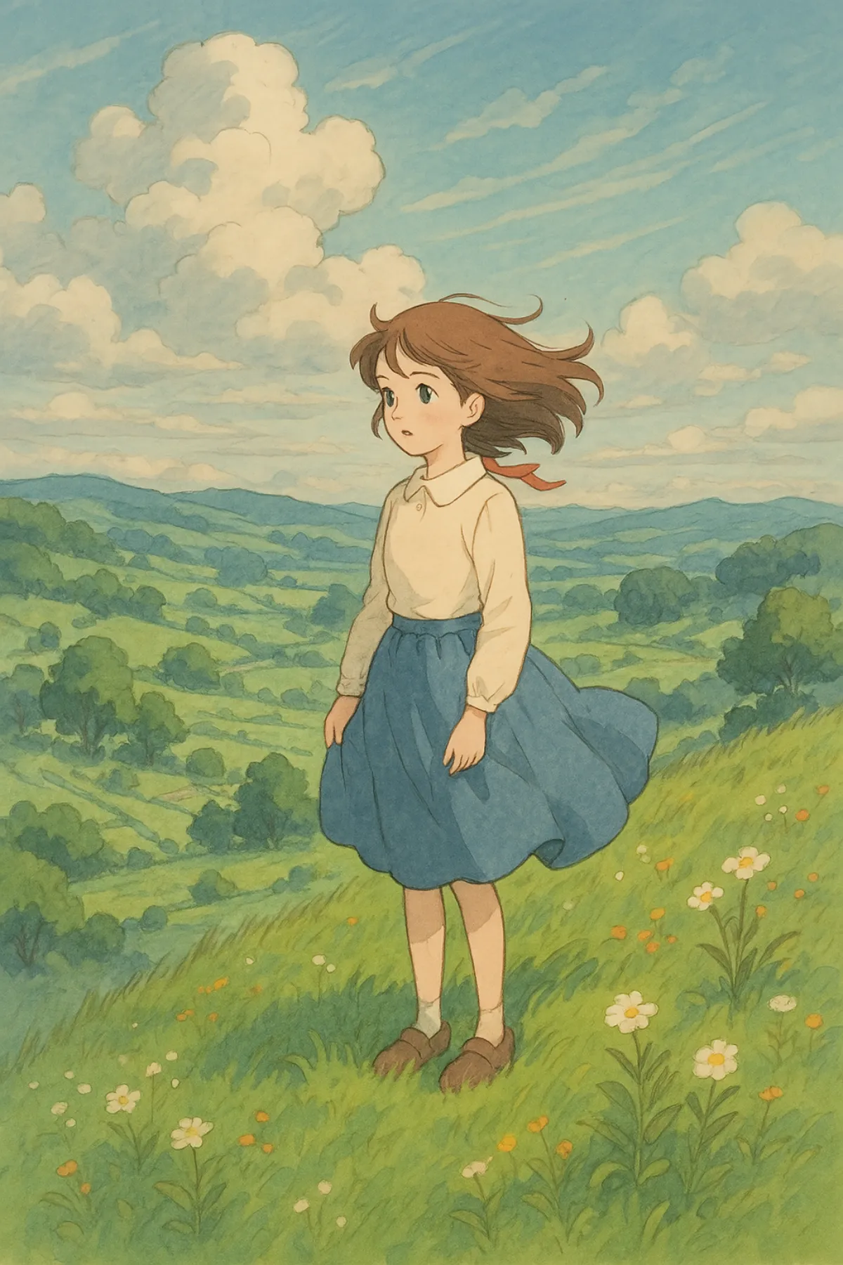 A girl standing on a windy hill, in Studio Ghibli style, soft colors, detailed background, anime illustration image