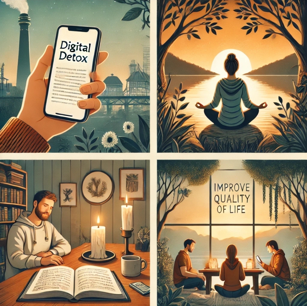 스마트폰 없이 독서, 명상, 저널 쓰기, 가족과의 시간을 보내는 모습