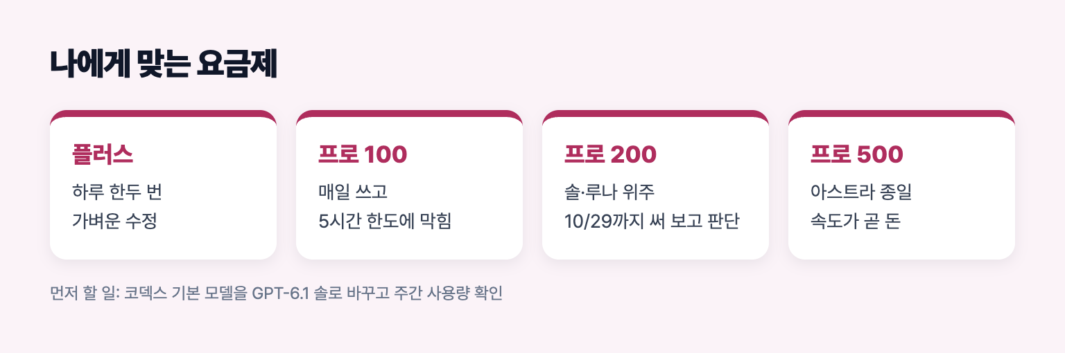코덱스 사용 패턴에 따라 플러스, 프로 100, 200, 500 가운데 고르는 기준 도식