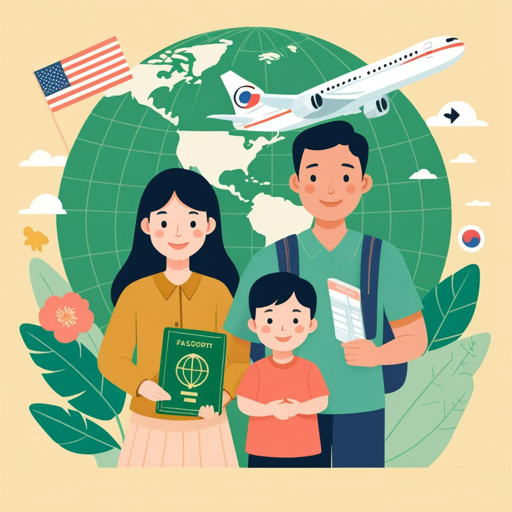 지구본 앞에 서 있는 한 가족의 일러스트. 엄마는 여권을, 아빠는 항공권을 들고 있으며, 아이는 미소 짓고 있다. 배경에는 비행기, 미국 국기, 한국 국기 아이콘이 배치되어 출국이나 이민 준비를 표현하고 있다