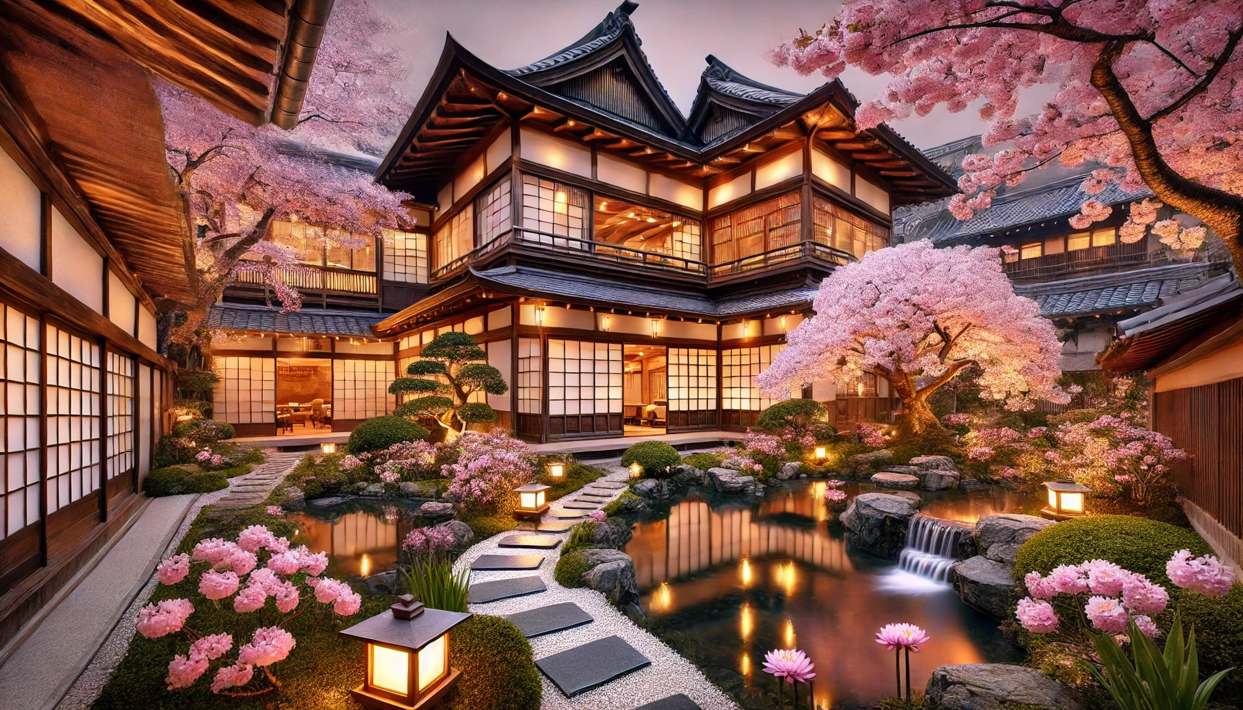 벚꽃이 만개한 일본 전통 료칸의 정원