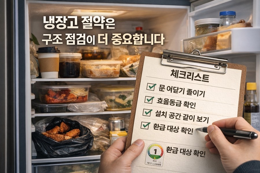 냉장고 문 여닫기와 내부 정리, 효율등급, 설치 공간, 환급 대상 여부를 함께 점검하며 전기요금을 줄이는 방법을 보여주는 체크리스트 이미지