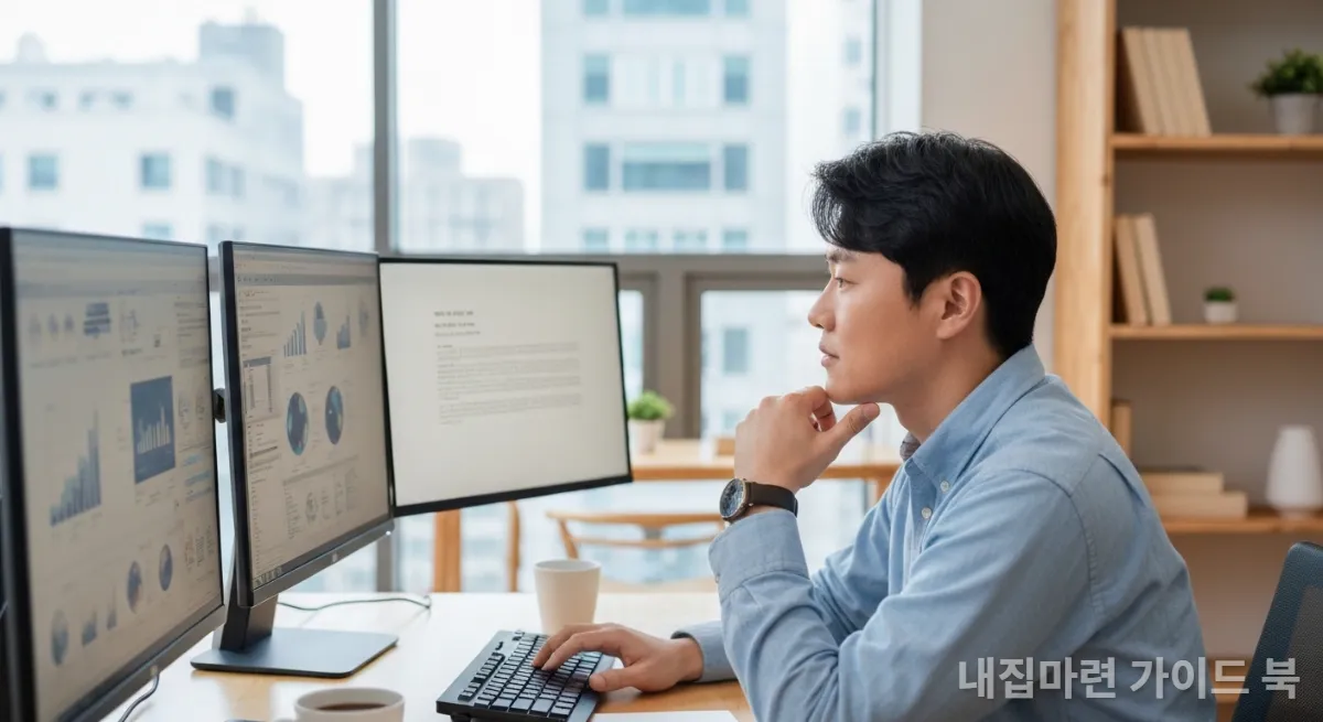 듀얼 모니터로 AI 데이터를 분석하며 업무에 집중하는 한국인 직장인