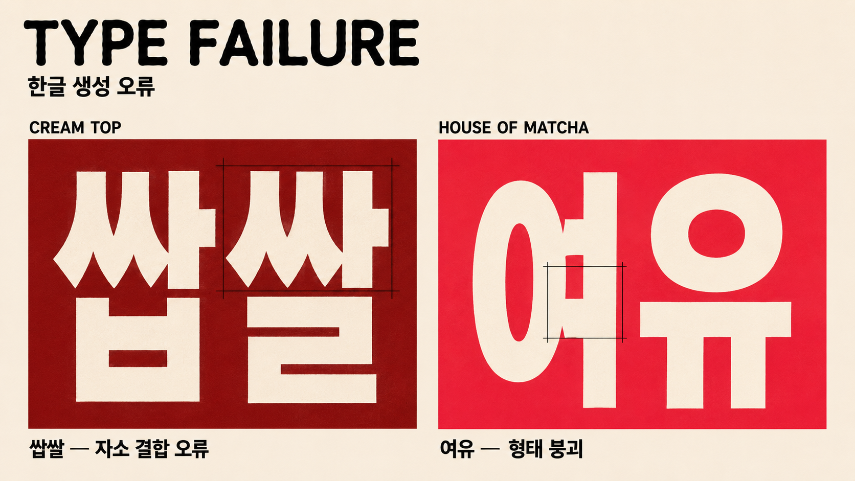 CREAM TOP CAFE의 '쌉쌀'은 잔에 가려 획이 뭉갰고, HOUSE OF MATCHA의 '여유'는 딸기 장식과 겹쳤습니다
