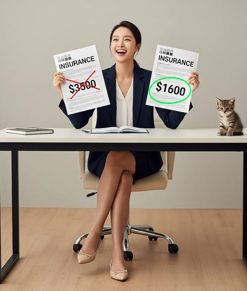 한국 운전경력을 인정받은 후, 이전의 $3500짜리 보험 견적서와 새로 받은 $1600짜리 견적서를 비교하며 만족스럽게 미소짓는 여성