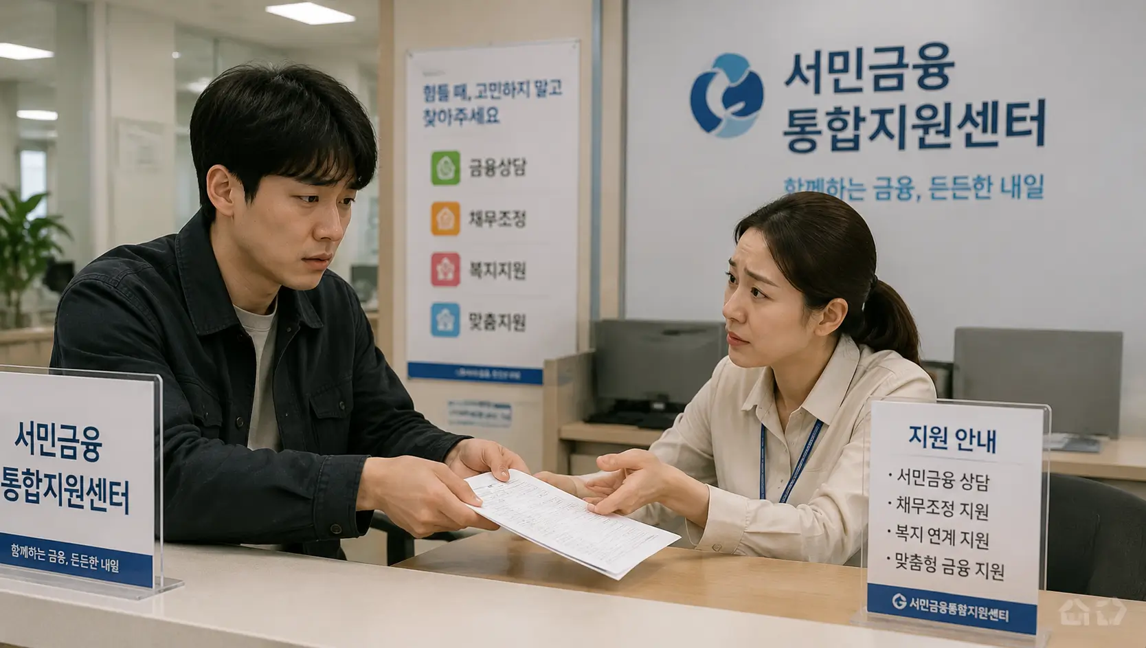 서민금융통합지원센터 창구에서 근심 가득한 표정으로 서류를 제출하는 20대 한국인 남성과 안타까운 표정으로 안내하는 상담 직원의 모습