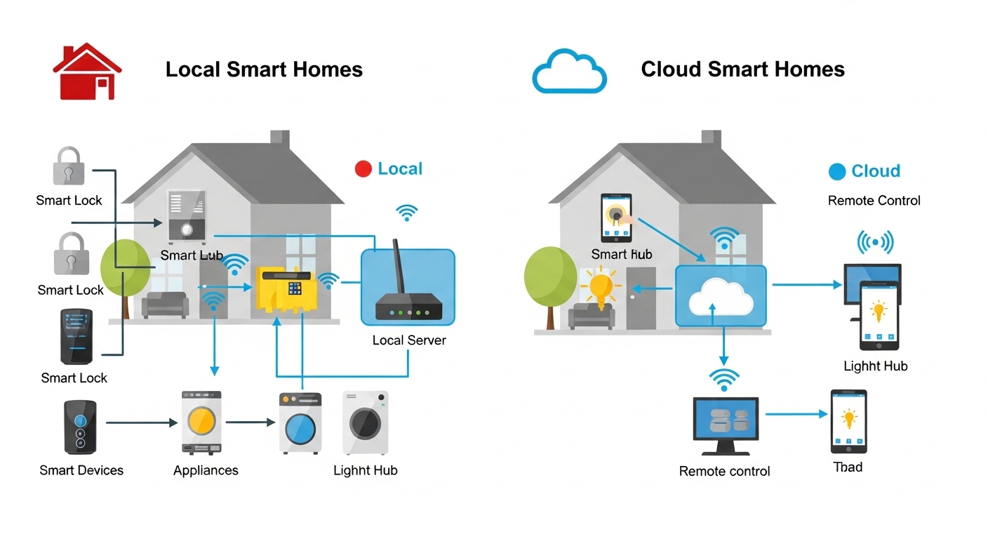 로컬 제어와 클라우드 제어의 차이를 보여주는 다이어그램