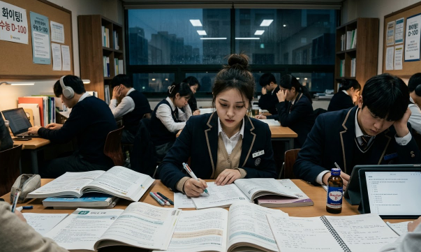 밤 늦게까지 수능공부를 해서 보약이 필요한 모습