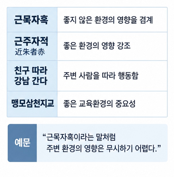근묵자흑 근주자적 친구 따라 강남 간다 맹모삼천지교의 의미 관계를 비교한 한자성어 인포그래픽