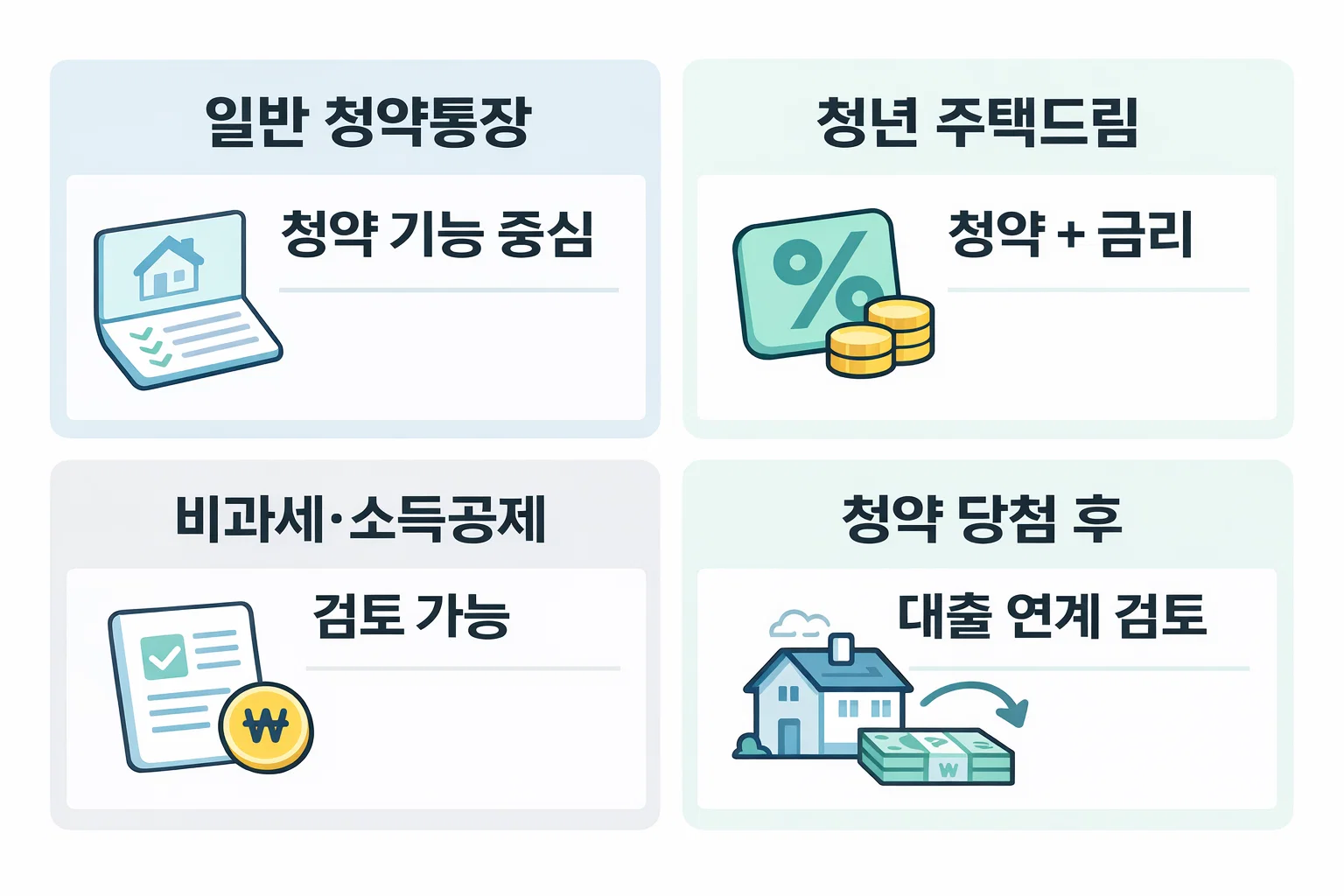 청년 주택드림 청약통장과 일반 청약통장의 기능 차이, 금리 혜택, 비과세와 대출 연계 포인트를 비교한 이미지