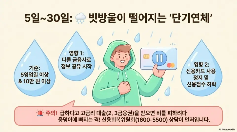 대출 연체 5일에서 30일 사이 단기연체 구간을 빗방울로 표현한 일러스트. 5영업일 이상 10만 원 이상 연체 시 신용정보 공유가 시작되고 카드 정지와 신용점수 하락이 발생함을 시각적으로 전달하며&amp;#44; 대출 연체 카드 정지와 신용정보 등록에 관련된 내용을 설명함 