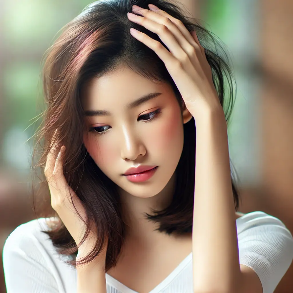 두피를 걱정스럽게 만지는 젊은 아시아 여성