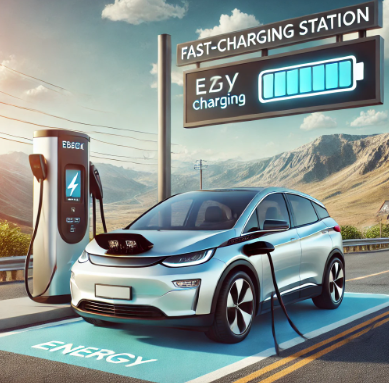 아름다운 도로 배경을 배경으로 자동차 충전과 대시보드에 표시된 에너지 상태의 경치 좋은 전기차 충전소를 보여줍니다.