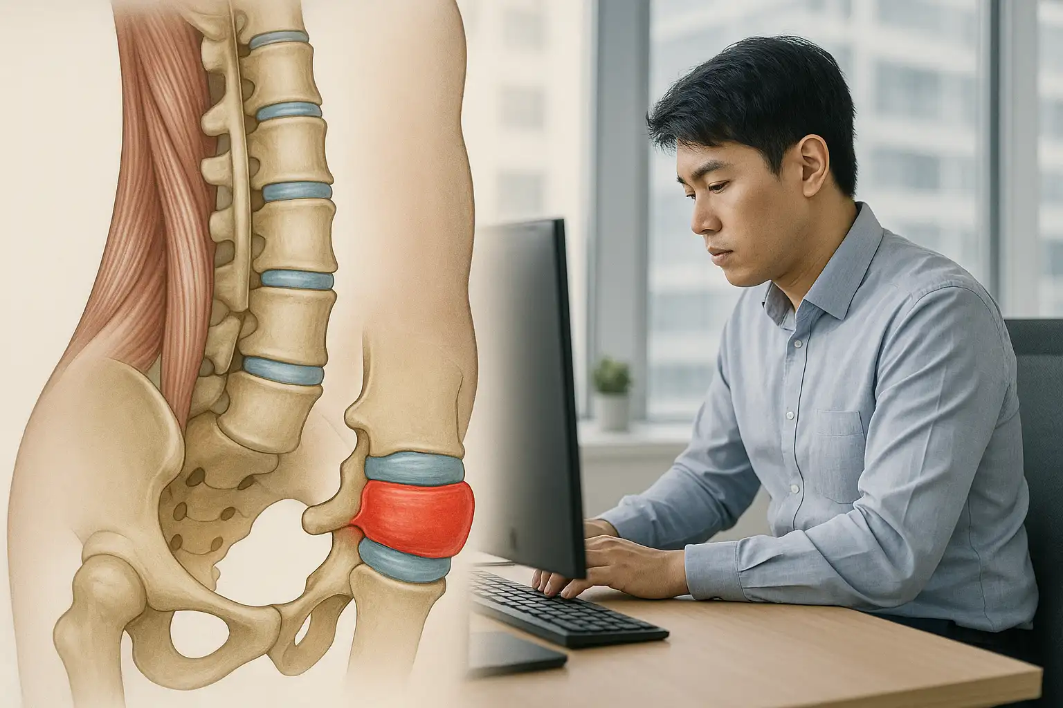 척추 옆 근육 구조를 보여주는 해부학적 일러스트, 요추 디스크 탈출을 강조한 그래픽, 사무실에서 장시간 앉아 있는 직장인 배경
