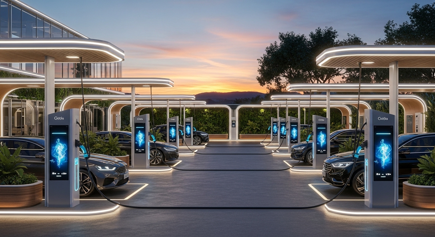 2025년 최신 전기차 초급속 충전소에서 여러 전기차가 충전 중인 모습. 미래지향적인 디자인과 친환경적인 배경이 조화를 이룬다.