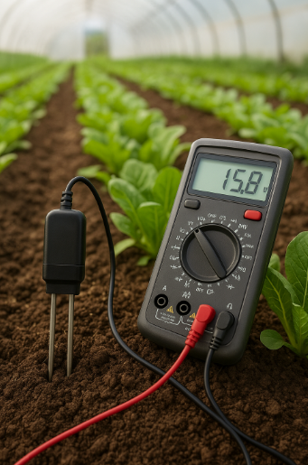토양 속에 꽂힌 센서와 연결된 디지털 기기가 온실 내에서 측정값을 표시하고 있는 모습