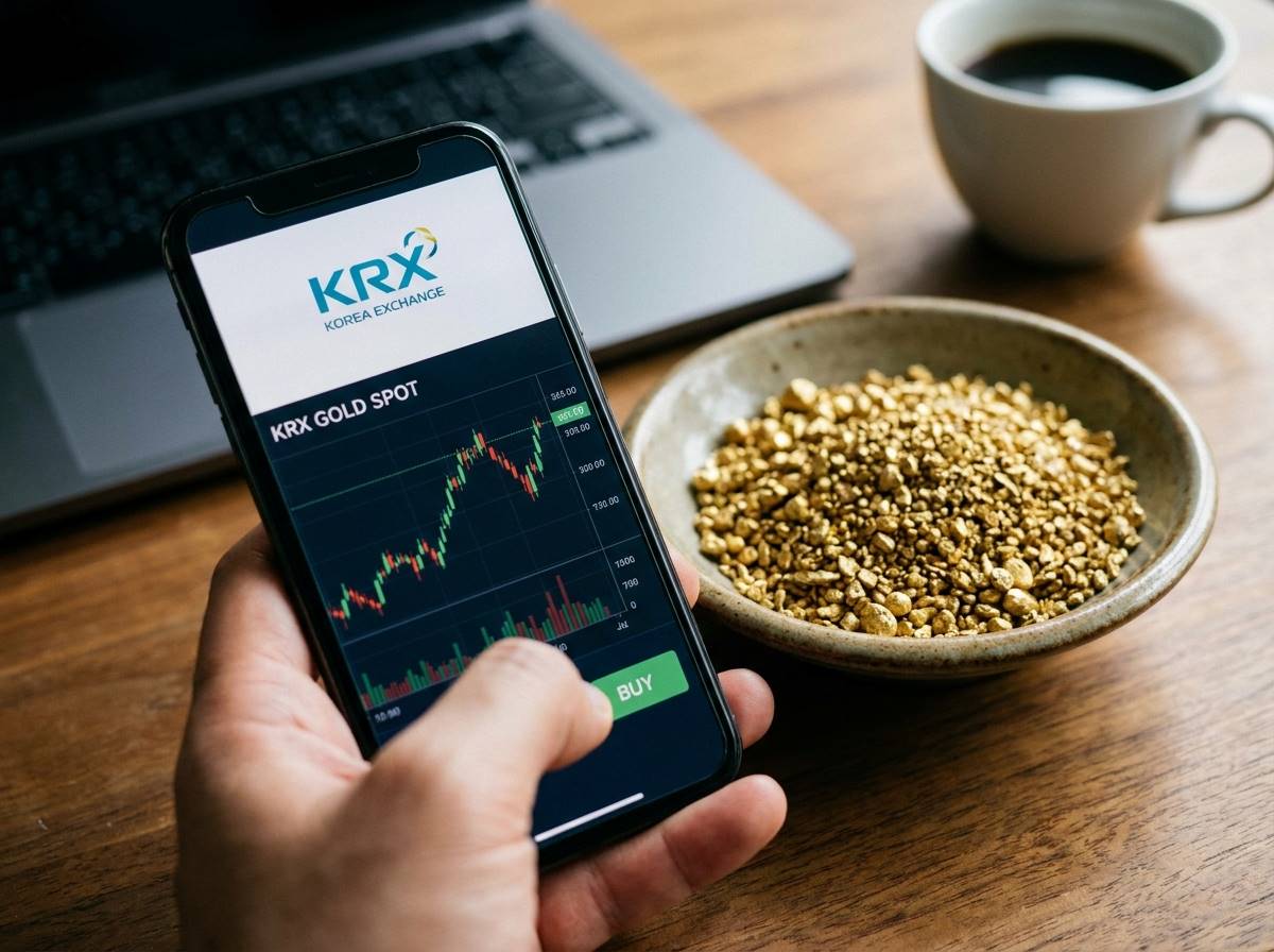 스마트폰 증권 앱으로 KRX 금 현물을 매수하는 손
