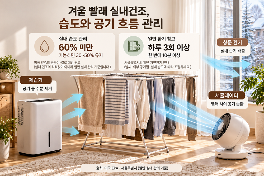 겨울철 실내 빨래 건조 시 미국 EPA의 습도 권고인 60% 미만, 가능하면 30~50%와 서울시의 일반 환기 기준인 하루 3회 이상, 한 번에 10분 이상을 안내하고 제습기·서큘레이터의 역할을 설명한 이미지
