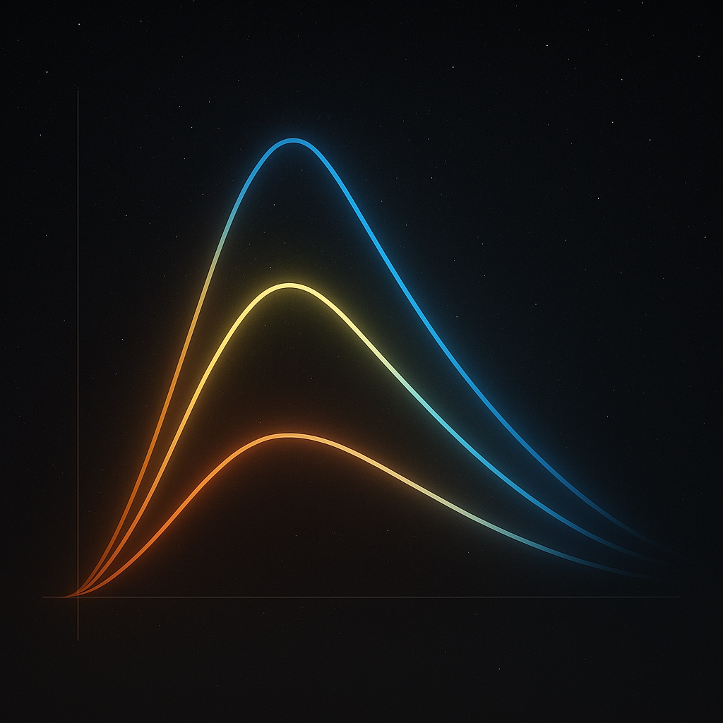 별의 흑체 복사곡선이 온도에 따라 이동하며 색이 바뀌는 개념