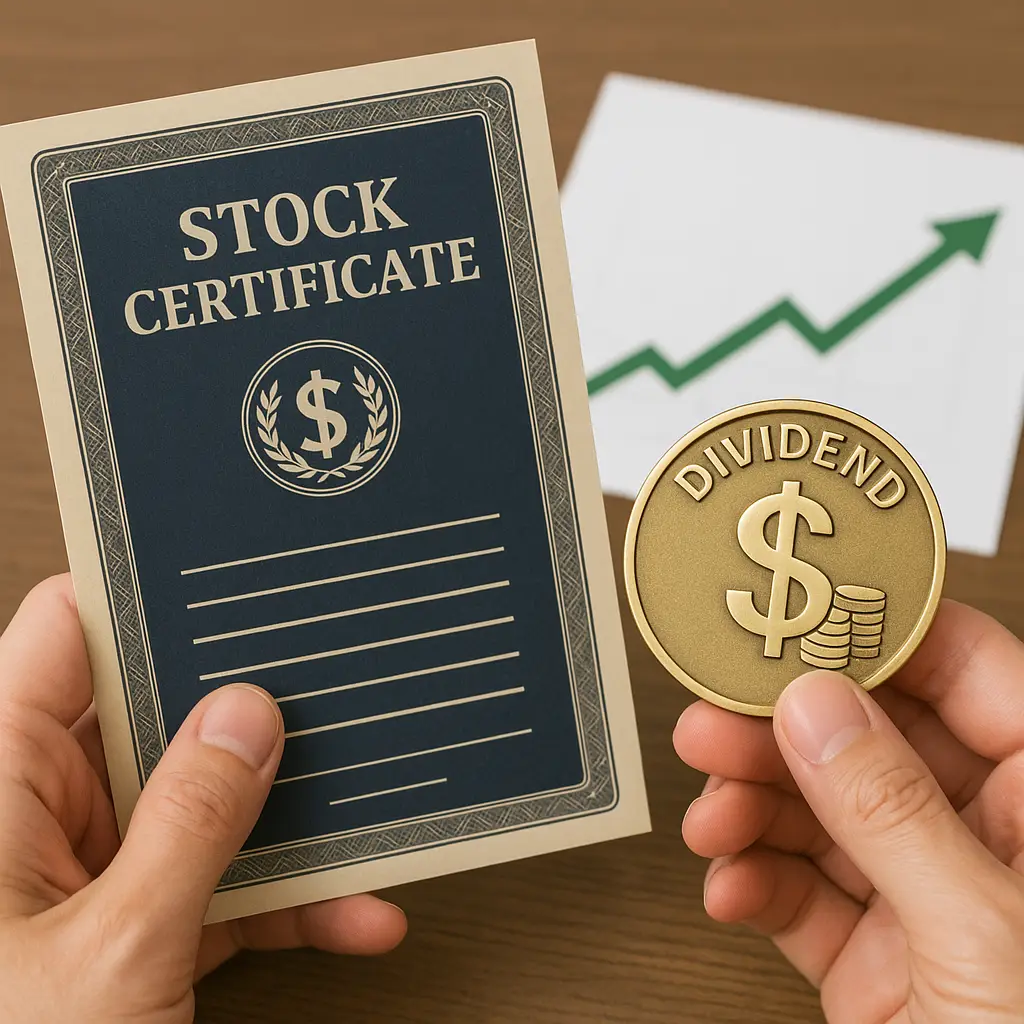 주식 배당금을 상징하는 리얼한 이미지로, 투자자가 주식 증서와 배당금 동전을 손에 들고 있는 장면