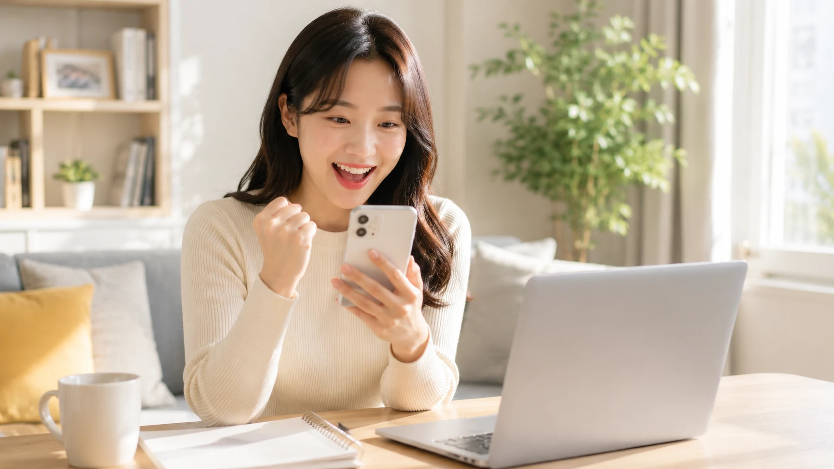청년주택드림청약통장 청약 당첨 소식을 스마트폰으로 확인하며 기뻐하는 젊은 여성 모습