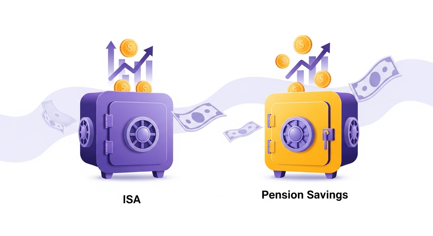 ISA와 연금저축 계좌를 상징하는 보라색과 노란색 금고에서 돈이 불어나는 모습.