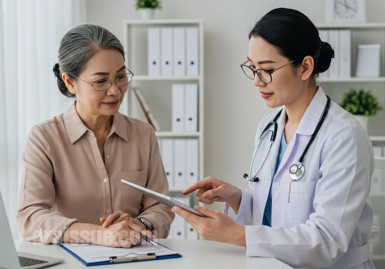 자궁근종 수술 후 실손보험 청구 시 주의할 점을 설명하는 의사와 여성 환자. 디지털 태블릿을 통해 서류와 청구 절차를 안내하는 모습. 현대적인 진료실에서 상담 중.