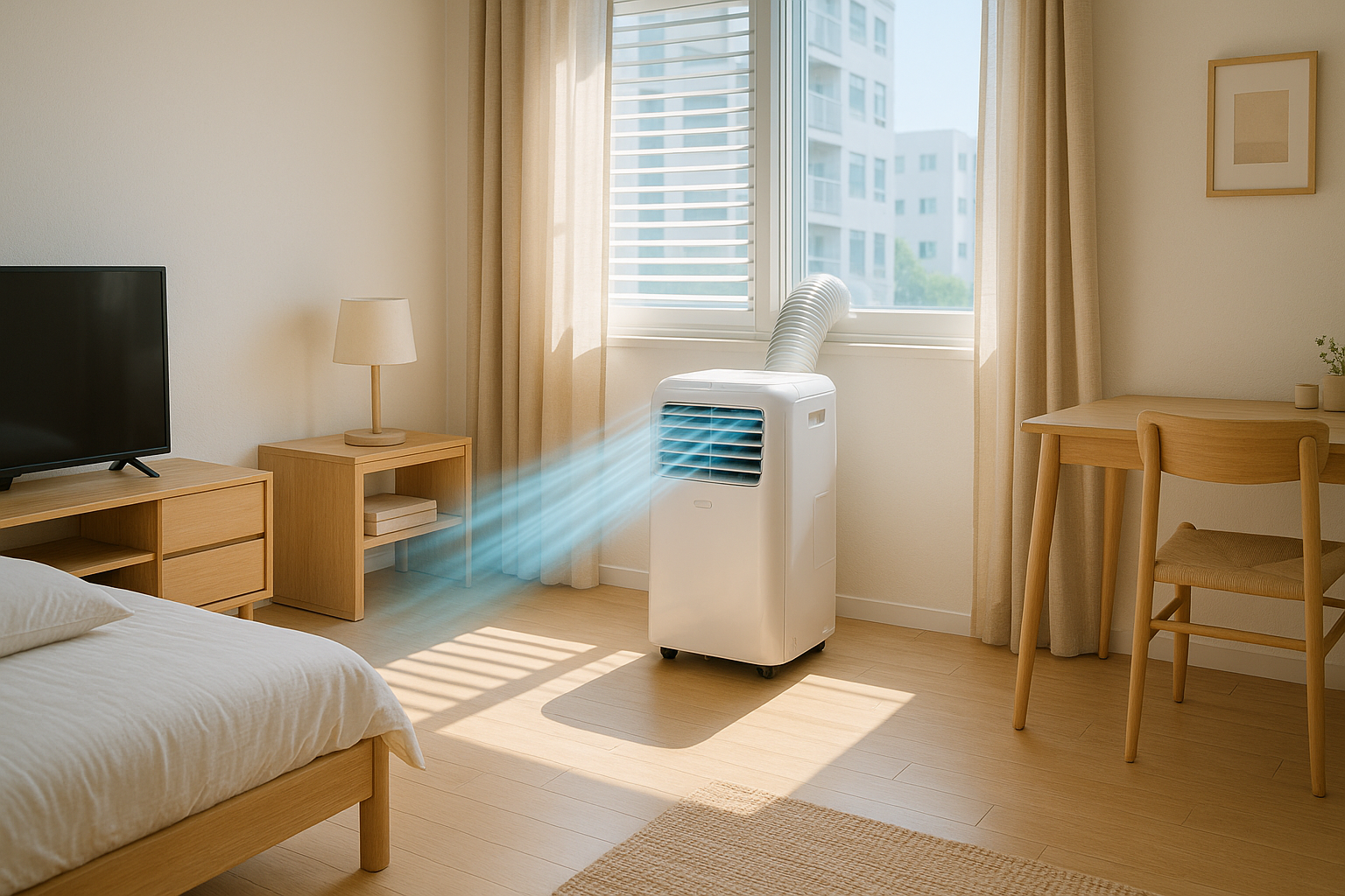 밝은 원룸에 설치된 이동식 에어컨이 창문을 통해 바깥으로 배기하며 시원한 바람을 내뿜고 있는 모습