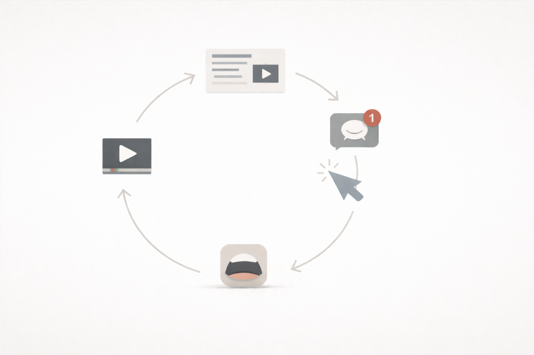 휘발성 정보 구조 다이어그램: 뉴스 → 흥분 → 클릭 → 소비 → 아무 변화 없음 → 다시 뉴스