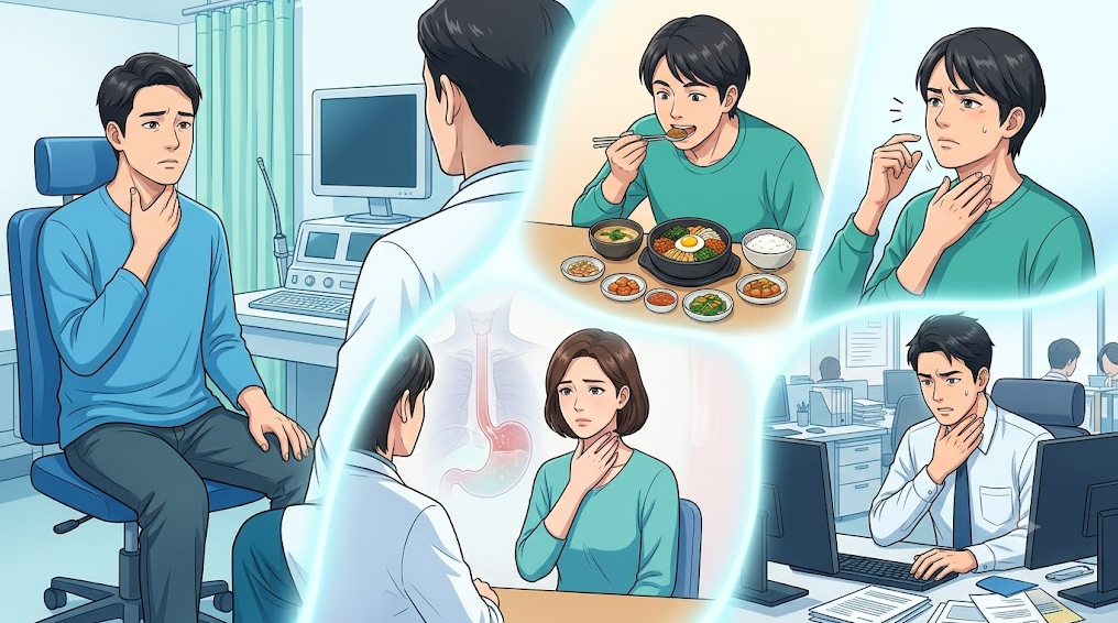 목 이물감과 관련하여 후두내시경 검사, 위내시경 검사, 식도 기능검사를 한 화면 안에서 시각적으로 비교하는 장면