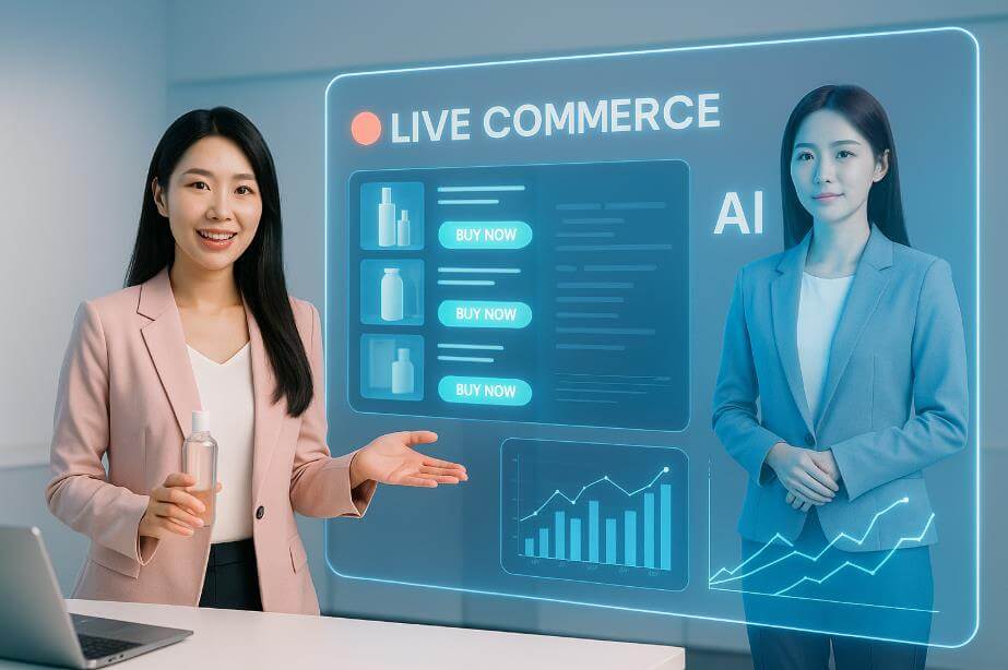 현대적인 스튜디오에서 한국인 쇼호스트와 투명한 홀로그램 화면이 함께 등장하는 장면.