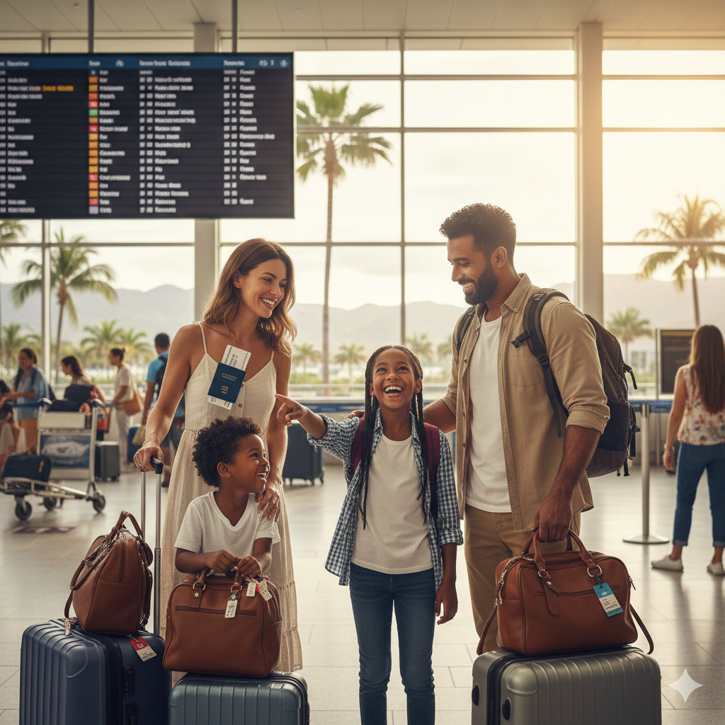 단란한 4인가족(엄마,아빠,아들,딸)의 해외여행 모습