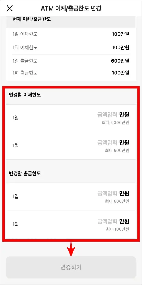 변경할 이체한도와 변경할 출금한도를 입력하고 '변경하기'를 선택