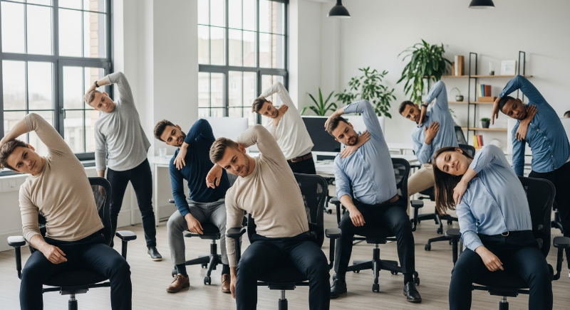 사무실 의자에 앉아 목, 어깨, 등을 스트레칭하는 30대 직장인들의 모습.