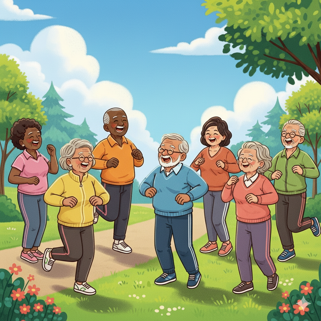 다양한 연령층의 시니어들이 함께 웃으며 운동하고 있는 모습
