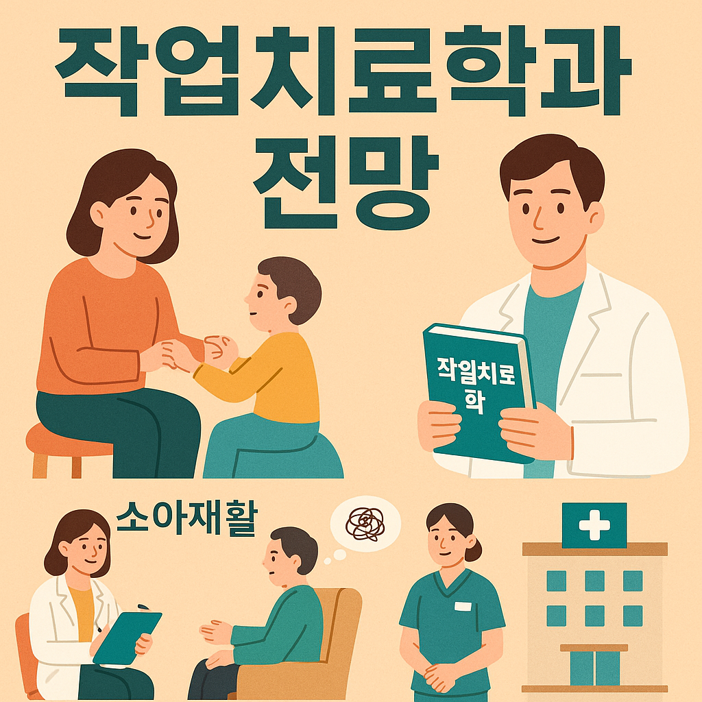 작업치료학과 전망을 보여주는 포스터로, 소아재활, 정신과, 병원 분야에서의 활동 장면이 따뜻한 일러스트 스타일로 구성되어 있다