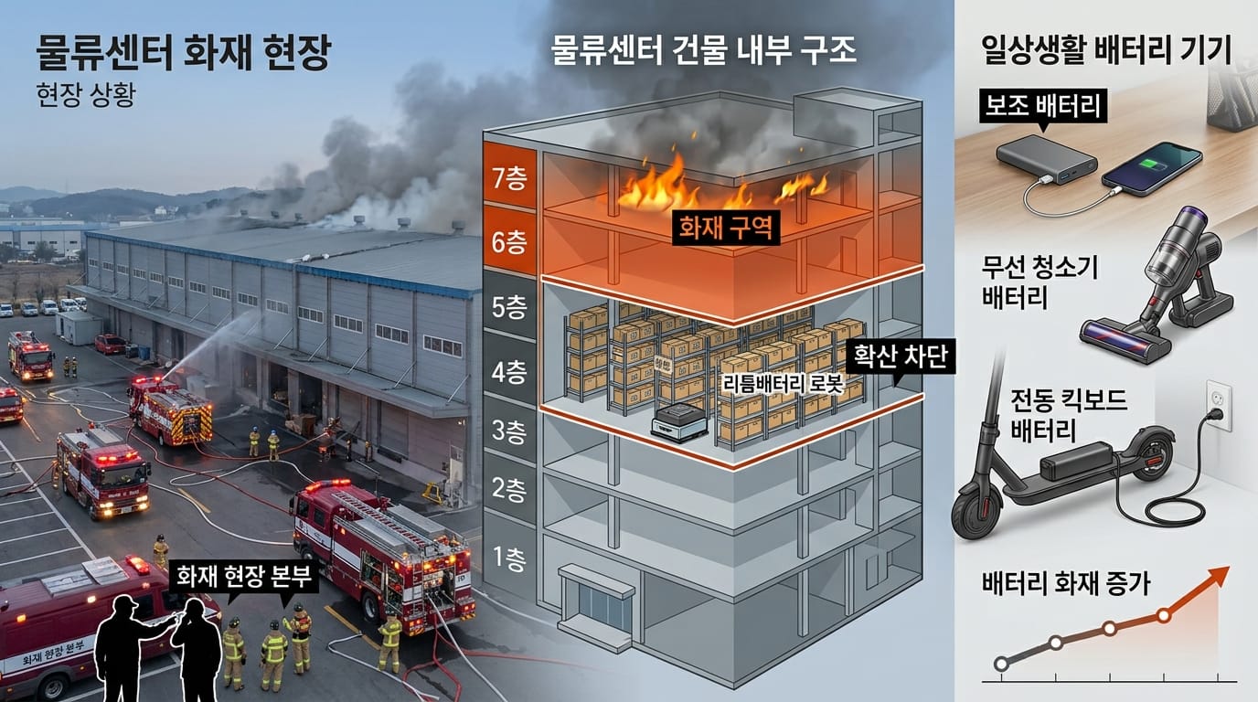 대형 물류센터 화재 현장에 소방차가 출동한 모습 이미지