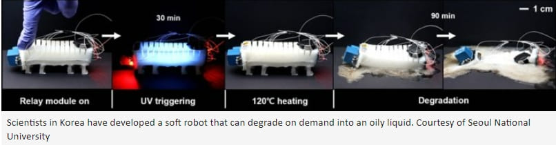한국과학자들, 액체로 분해되는 소프트 로봇 개발...군사 등 활용도 넓어 Scientists make robot that can decompose into liquid