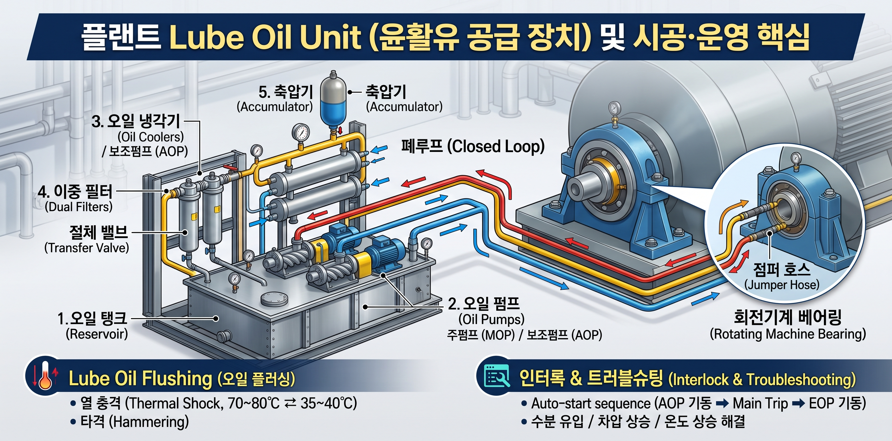 플랜트 핵심 회전기계용 Lube Oil Unit(윤활유 공급 장치)의 주요 구성품(오일 탱크, 펌프, 냉각기, 필터, 축압기)의 폐루프 구조와 시운전 단계의 오일 플러싱(Flushing) 방법, 현장 인터록 및 트러블슈팅 기준을 설명하는 상세 3D 인포그래픽