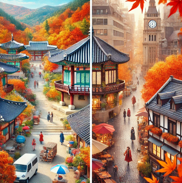 가을 국내 여행 vs 해외 여행 비교 사진