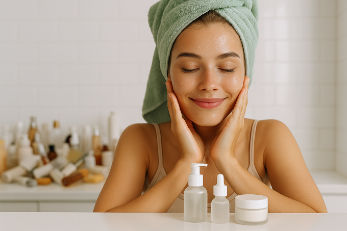 &ldquo;물기 머금은 맑은 피부의 여성이 초록색 타올을 두르고 화장품을 간결하게 선택한 모습&rdquo;