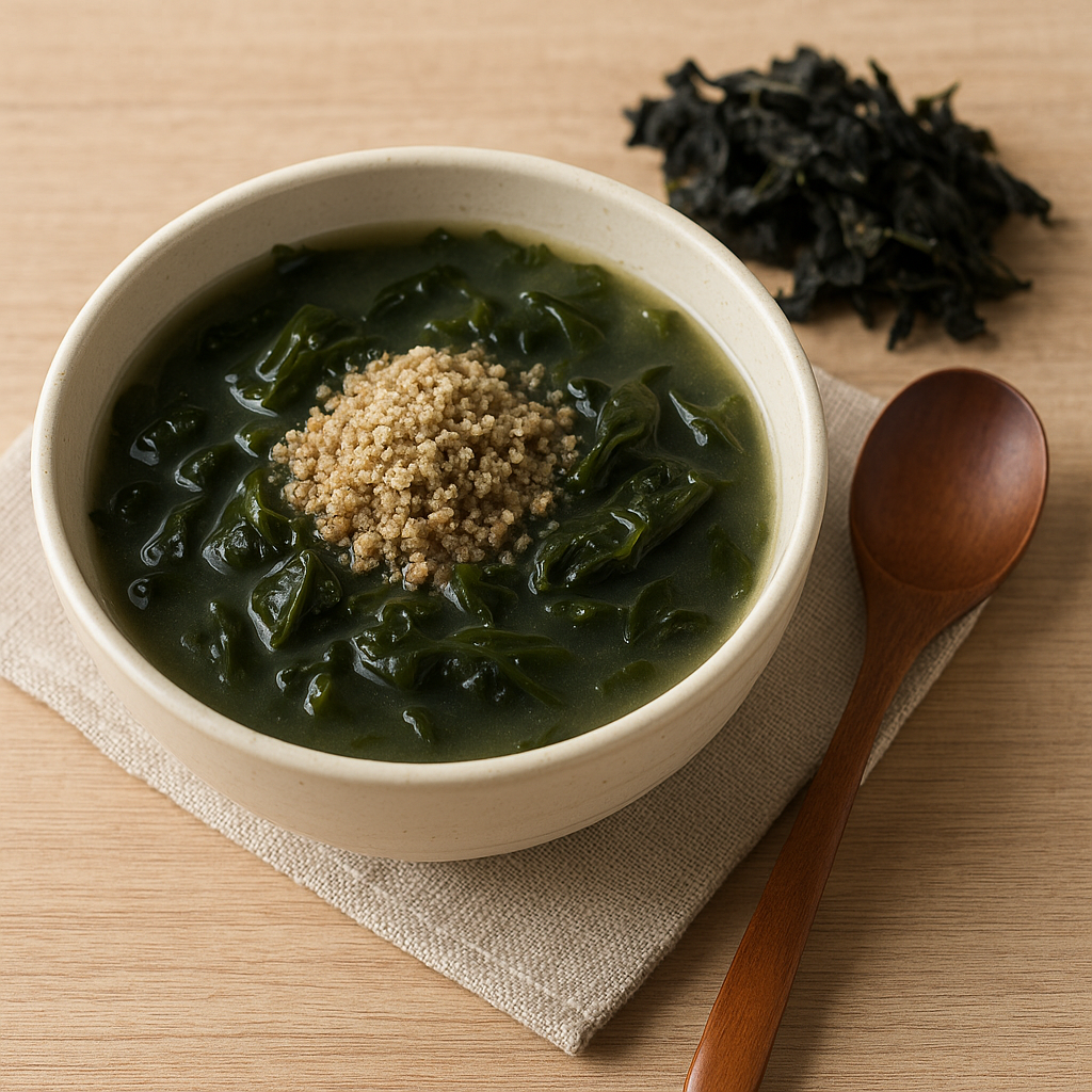 들깨가루가 올려진 들깨미역국과 마른 미역, 나무숟가락이 어우러진 암 환자용 회복식 이미지