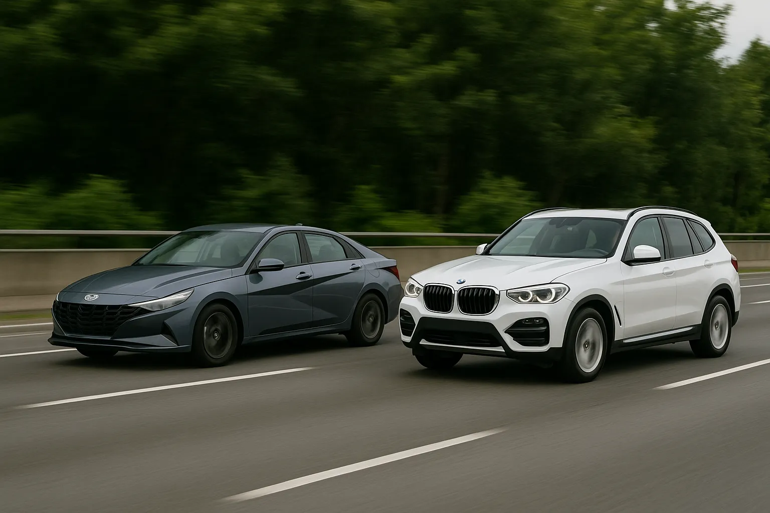 도로 위를 주행 중인 국산차와 수입 SUV의 교차 장면