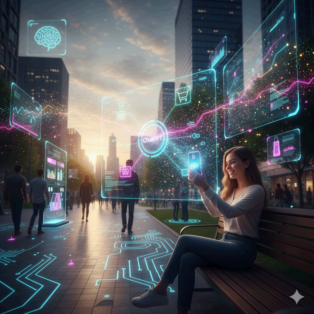 "스마트폰으로 ChatGPT와 연결된 디지털 인터페이스를 체험하는 여성, 도시 배경의 미래형 AI 기술"