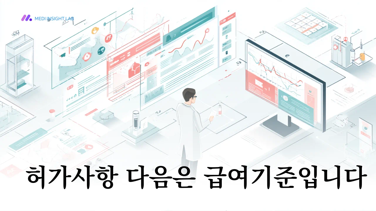 검사결과표, 문서, 약 아이콘, 체크리스트가 한 화면에 정리된 의료 정보 종합 인포그래픽 일러스트, 허가사항, 검사수치, 병용기준, 기록 확인 흐름이 한눈에 보이는 구성, 한국형 카드뉴스 스타일, 깔끔한 평면 일러스트, 흰 배경, 차분한 블루와 그린 포인트